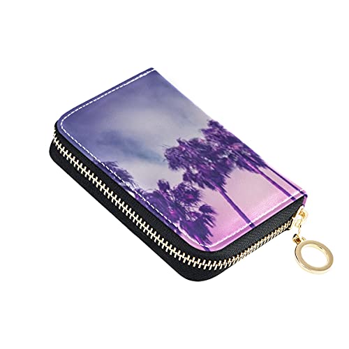 Cartera para Tarjetas, Palmas monocromáticas en Tonos Ultravioleta Venice Beach Estuche para Tarjetas de crédito con Cremallera de Cuero pequeño Estuche para Pasaporte de Viaje para Hombres y Mujeres