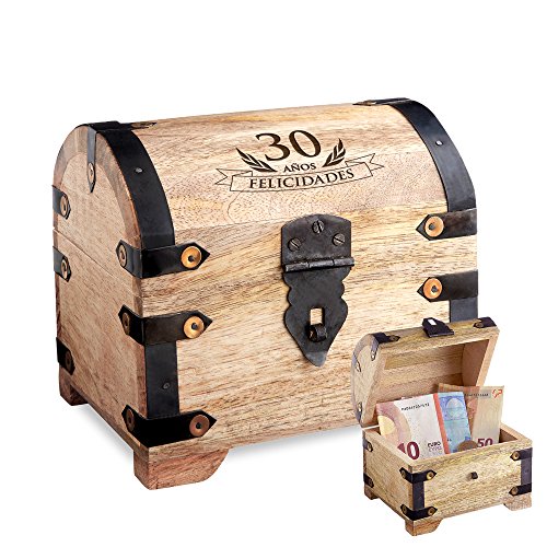 Casa Vivente - Cofre de Madera Clara - para el 30 Cumpleaños - Caja para Regalar Dinero de Madera Clara - Regalo Original y Divertido - 14 cm x 11 cm x 13 cm - Caja de Almacenaje, Hucha o Alhajera