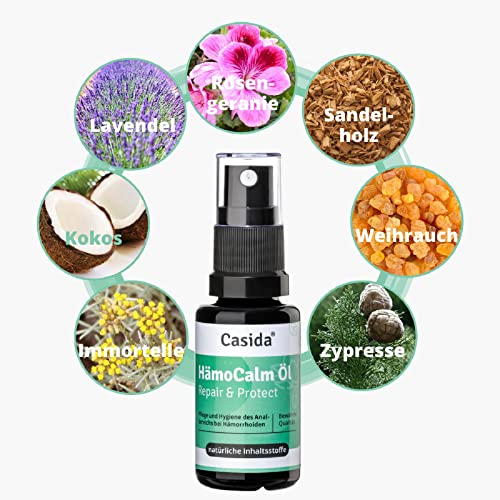 Casida - El Aceite HemoCalm en Spray - aceite reparador y protector en caso de hemorroides - con extractos de plantas preciosas - sin cortisona - la calidad de las farmacias - 10 ml