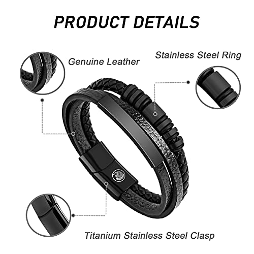 Casisto.J - Pulsera de piel y acero inoxidable para hombre, con grabado personalizado, color marrón y negro, trenzado con cierre magnético, Acero inoxidable,
