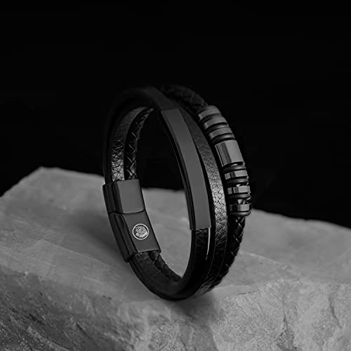 Casisto.J - Pulsera de piel y acero inoxidable para hombre, con grabado personalizado, color marrón y negro, trenzado con cierre magnético, Acero inoxidable,