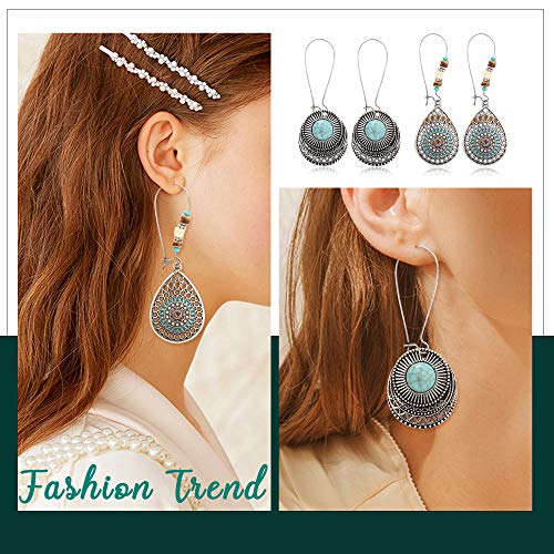 CASSIECA 36 pares Pendientes Colgantes de Retro para Mujeres Niñas Pendientes de Bronce de Plata Vintage con Perla Hoja Hueca Turquesa Incrustación Joyería Bohemia para Regalos de Cumpleaños Fiesta