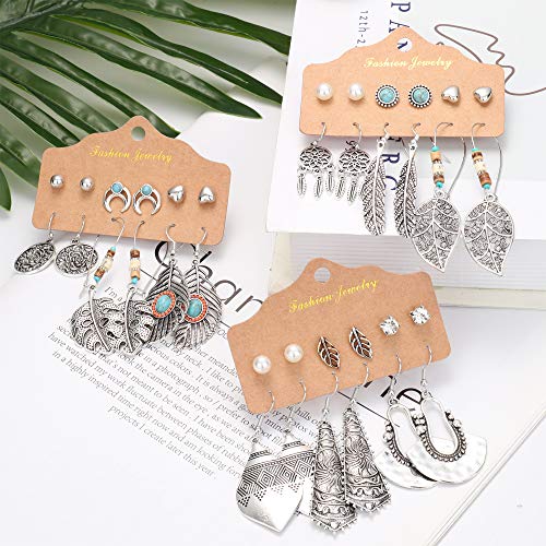 CASSIECA 36 pares Pendientes Colgantes de Retro para Mujeres Niñas Pendientes de Bronce de Plata Vintage con Perla Hoja Hueca Turquesa Incrustación Joyería Bohemia para Regalos de Cumpleaños Fiesta