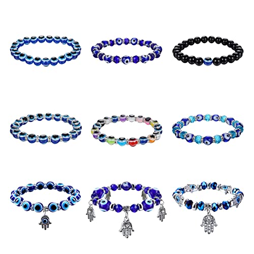 CASSIECA 9 Pulseras con Cuentas de Mal de Ojo para Mujeres y Hombres Pulsera de Mano de Hamsa Elástica Mano Azul de Fátima, Amuleto Turco de La Suerte Joyería para Protección y Bendición