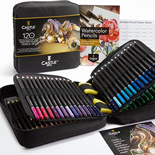 Castle Art Supplies Estuche 120 Lápices Acuarela con Accesorios | Pigmentos Intensos | Pinta y Dibuja a la vez | Para Aficionados Experimentados y Profesionales | En Estuche de Viaje Portátil