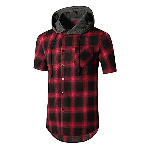 Casuales Camisas Hombre Cuadros Estampado Cuello Redondo Hombre T-Shirt Verano Manga Corta Deportiva Camisa Botón Placket Al Aire Viajes Wicking Respirable Sudadera Capucha D-Red 2 XXL