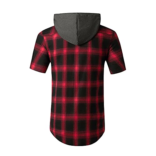Casuales Camisas Hombre Cuadros Estampado Cuello Redondo Hombre T-Shirt Verano Manga Corta Deportiva Camisa Botón Placket Al Aire Viajes Wicking Respirable Sudadera Capucha D-Red 2 XXL