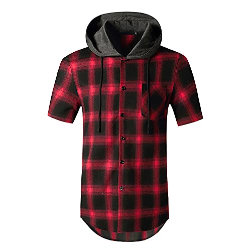 Casuales Camisas Hombre Cuadros Estampado Cuello Redondo Hombre T-Shirt Verano Manga Corta Deportiva Camisa Botón Placket Al Aire Viajes Wicking Respirable Sudadera Capucha D-Red 2 XXL