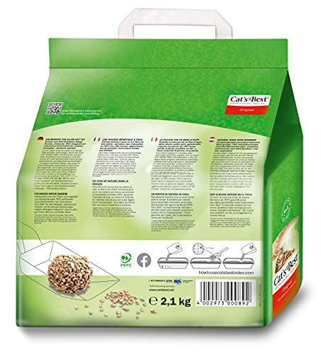 Cat's Best Original Arena para Gatos Aglomerante 5L (2,1 kg). Tierra para Gatos de Hasta 7 Semanas de Uso. Arena Biodegradable de Fibra Vegetal Ecológica.