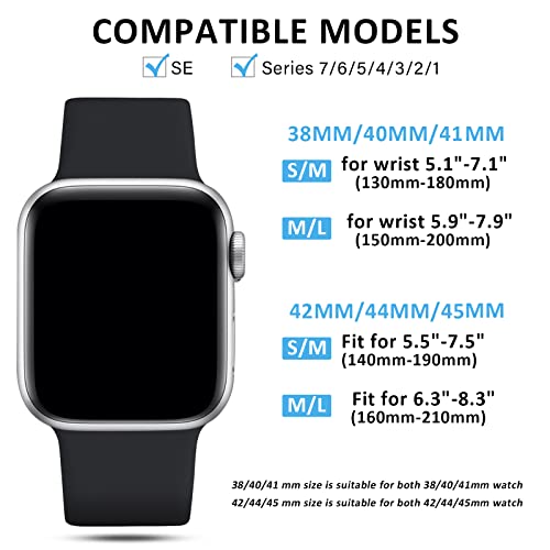 CeMiKa Compatible con Apple Watch Correa 38mm 40mm 41mm 42mm 44mm 45mm, Deportivas de Silicona Correas de Repuesto Compatible con iWatch SE Series 7 6 5 4 3 2 1, 42mm/44mm/45mm-S/M, Negro