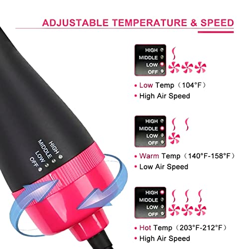 Cepillo De Aire Caliente Portátil, 3 modos de calor, Multifuncional secador de pelo, moldeador Rizador y Plancha color rosa y negro