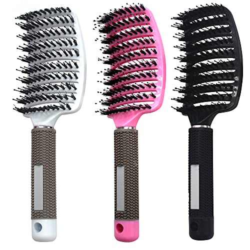 Cepillo de Pelo, Cepillo para el Pelo con Cerdas de Jabalí Naturales, Peine de Pelo Masaje Curvo y Ventilado, para Secado Más Rápido, Reducir el Encrespamiento y la Rotura 3 cepillos