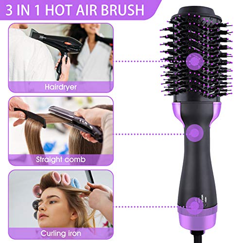 Cepillo Secador de Pelo, 3 en 1 secador de pelo de iones negativos portátil cepillo de aire caliente plancha de pelo rizador, cabeza de plástico enchufe de la UE púrpura