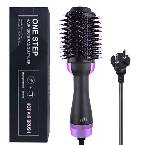 Cepillo Secador de Pelo, 3 en 1 secador de pelo de iones negativos portátil cepillo de aire caliente plancha de pelo rizador, cabeza de plástico enchufe de la UE púrpura