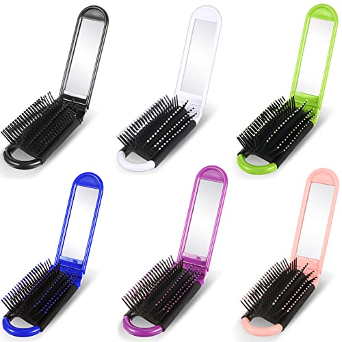 Cepillos de Pelo Plegables con Espejo Mini Cepillos de Pelo Portátiles Cepillo de Pelo Compacto de Viaje de Bolsillo para Viaje Gimnasio Natación, 6 Colores (Color Claro, 6 Piezas)
