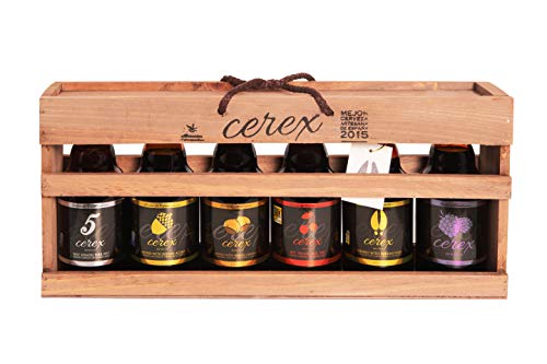 CEREX- Pack Degustación de 6 Cervezas Artesanas Españolas con caja regalo de presentación en madera – Cerveza de Cereza, Castaña, Ibérica de Bellota, Pilsen, Frambuesa y Andares