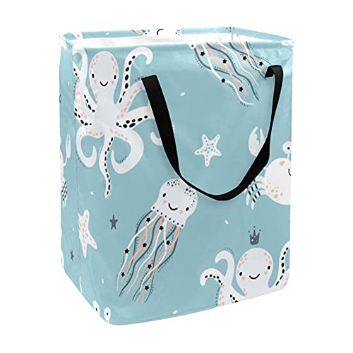 Cesta de almacenamiento plegable de juguetes / libros Cesto de lavandería con asas y soportes desmontables Patrón lindo con pulpo Medusa Estrella de mar Clasificador de ropa sucia