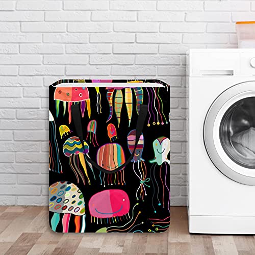 Cesto de lavandería plegable con asas y soportes desmontables Cesta de almacenamiento de juguetes / libros Clasificador de ropa sucia Patrón de medusas pintadas de colores