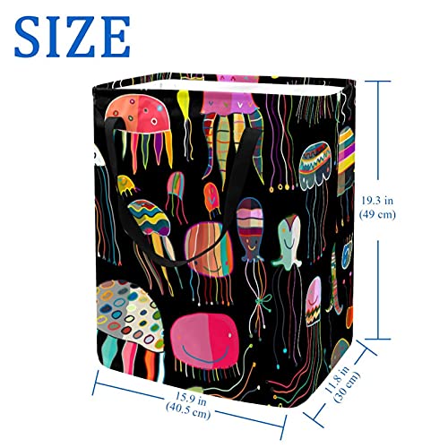 Cesto de lavandería plegable con asas y soportes desmontables Cesta de almacenamiento de juguetes / libros Clasificador de ropa sucia Patrón de medusas pintadas de colores