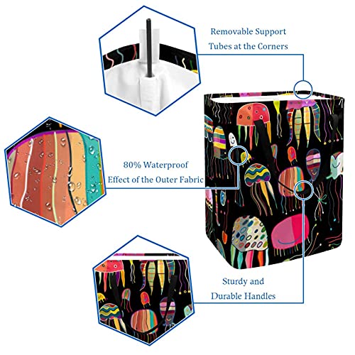 Cesto de lavandería plegable con asas y soportes desmontables Cesta de almacenamiento de juguetes / libros Clasificador de ropa sucia Patrón de medusas pintadas de colores