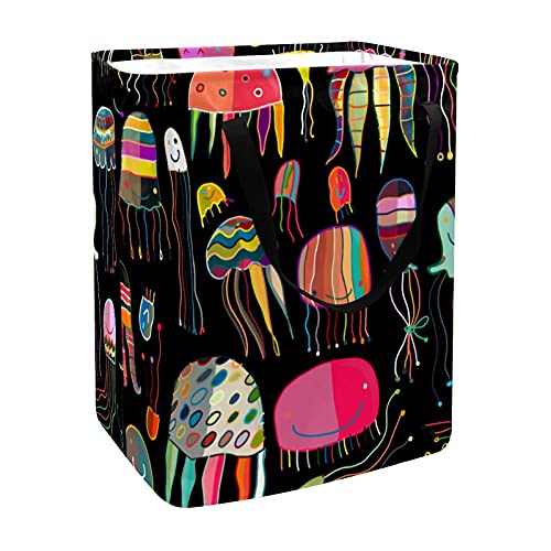 Cesto de lavandería plegable con asas y soportes desmontables Cesta de almacenamiento de juguetes / libros Clasificador de ropa sucia Patrón de medusas pintadas de colores