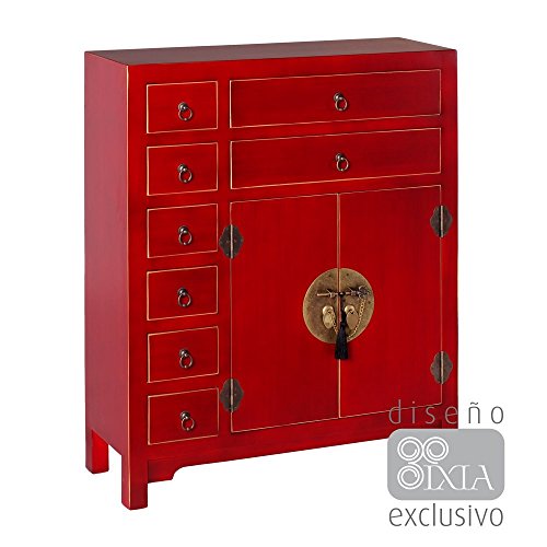 CH DESIGN MOBLES NACHER AXIDECOR Cómoda Oriente Rojo 2 Puertas 8 Cajones, Madera, 73x26x90 cm