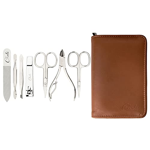 Chali® Kit Manicura Pedicura 7 pcs, Set Uñas Acero Inoxidable - Lima de Cristal, Tijera para las Uñas, Corta Cuticulas, Cortauñas y contando