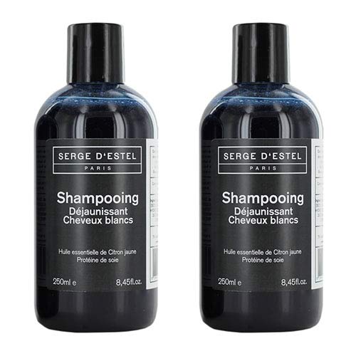Champú Azul Antiamarilleo para Cabello Gris Blanco 250ml x2 Revive el color del cabello Champú azul Anti-Amarillento Hecho en París No probado en animales.