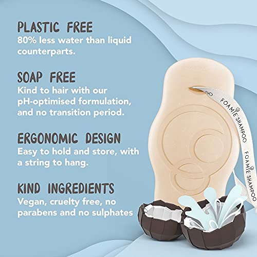 Champú sólido Foamie con aceite de coco para el cabello y proteína de trigo que nutre y repara el pelo seco 100% champu vegano y sin plástico 80 g