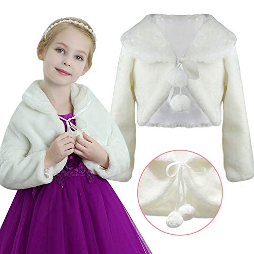 Chaqueta Bolero de piel sintética, accesorios de encogimiento, capa de princesa, abrigo para niña y niña de flores de manga larga, cárdigan para fiesta, blanco, 8-12 Años