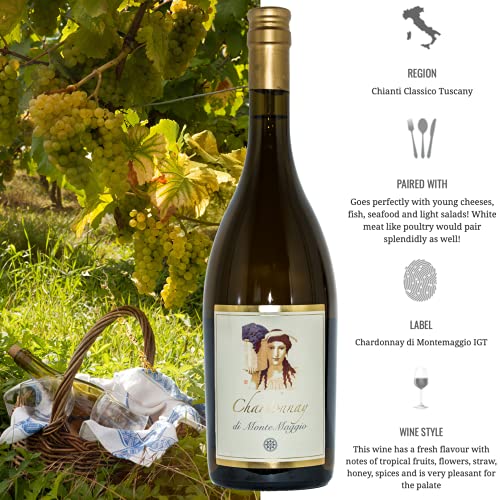 Chardonnay di Montemaggio - Vino Blanco Seco Orgánico Elegante Ecologico de Italia - 100% Chardonnay - Corcho de Vidrio - IGT Toscana Italiana - Fattoria di Montemaggio - 0.75L - 1 Botella