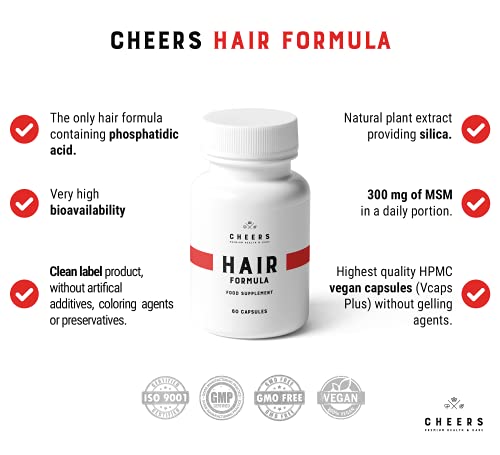 Cheers, Hair, Skin & Nails Mineral Complex, 60 cápsulas veganas para el crecimiento y fortalecimiento del cabello, dosis alta de 795 mg con ácido fosfatídico y extractos de plantas