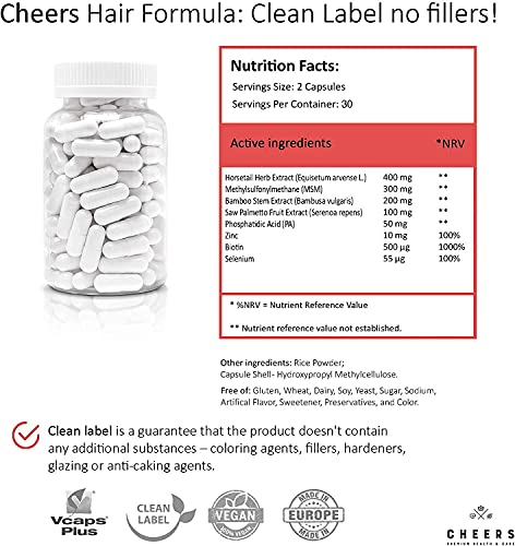 Cheers, Hair, Skin & Nails Mineral Complex, 60 cápsulas veganas para el crecimiento y fortalecimiento del cabello, dosis alta de 795 mg con ácido fosfatídico y extractos de plantas