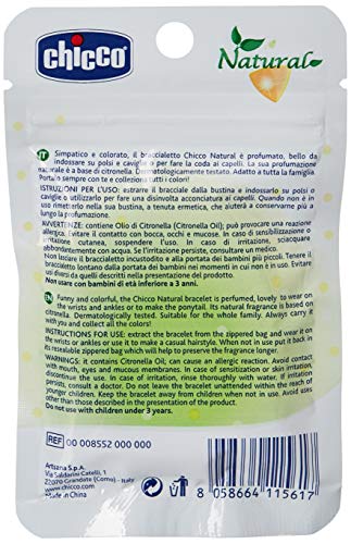 Chicco Pulsera de plástico con perfume de citronela, protección 100% natural para niños y adultos, resistente al agua, colores surtidos – 60 g