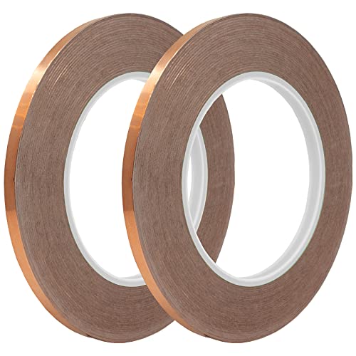 Cinta de lámina de cobre de 1/4 pulgada x 108 pies, paquete de 2 cintas adhesivas conductoras de cobre para barrera de barrera EMI, eléctricamente conductora, vidrieras, conexión a tierra y reparación