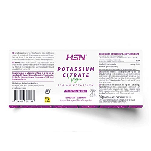 Citrato de Potasio de HSN | 600mg de Potasio Elemental por Dosis Diaria | Potassium Citrate de Alta Concentración | No-GMO, Vegano, Sin Gluten | 120 Cápsulas Vegetales