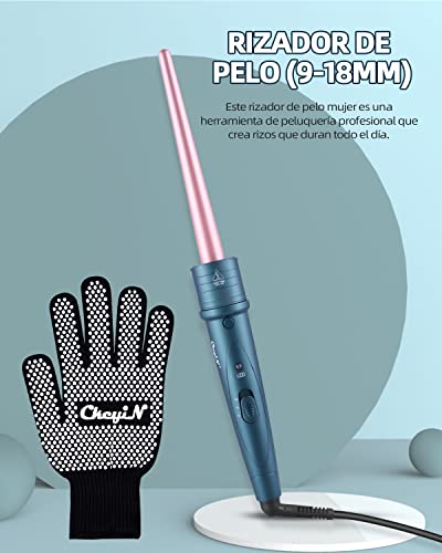 CkeyiN Rizador de Pelo,9-18mm de cerámica para el pelo,Tenazas Para Rizar el Pelo,Mini Rizador de Pelo for Travel,Temperatura 150-230 ℃ Ajustablepara,Guante Resistente al Calor Incluido