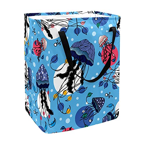 Clasificador de ropa sucia, plegable, medusa oceánica, lunares azules, cesto de lavandería con asas y soportes desmontables, cesta de almacenamiento de juguetes / libros