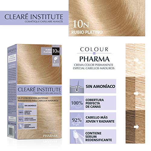 CLEARÉ INSTITUTE Colour Pharma|Tinte Sin Ppd Ni Amonicaco | Coloración Antiedad | 00% Cobertura De Canas Rebeldes, Con Serum Redensificante | | 80Ml, 10N. Rubio Platino