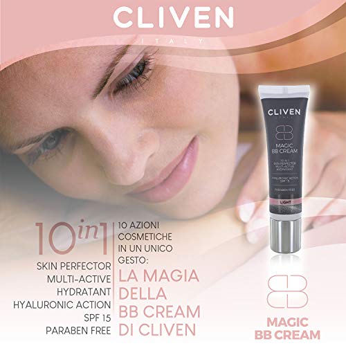 Cliven - Magic BB Cream 10-IN-1 - Crema hidratante con ácido hialurónico, corrector de ojeras, efecto iluminador y tonificante, base para color de la piel uniforme, 30 ml (claro) - Fabricado en Italia