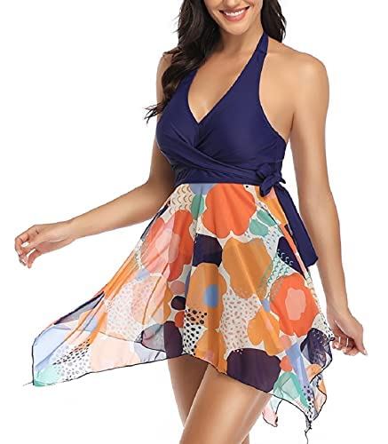 CMTOP Mujer Deep V Traje de Baño de Una Pieze Impresión Bañador con Falda Traje con Shorts de Seguridad Bañador Arruga Bañadores Mujer Traje de Baño Ropa de Playa de Bikinis Verano (Color, M)