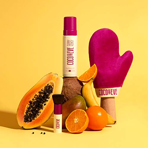 Coco & Eve Paquete bronceador Sunny Honey Bali (mediano). All Natural Sunless Bronceador Mousse. Loción autobronceadora instantánea con bronceador, aplicador de manoplas y brocha Kabuki.