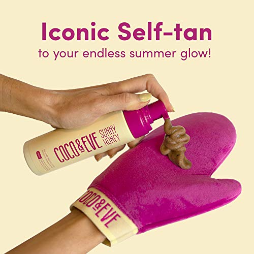 Coco & Eve Paquete bronceador Sunny Honey Bali (mediano). All Natural Sunless Bronceador Mousse. Loción autobronceadora instantánea con bronceador, aplicador de manoplas y brocha Kabuki.
