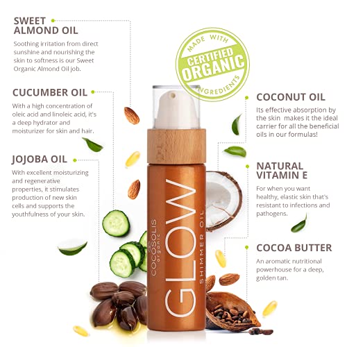 COCOSOLIS Glow Aceite Brillante - Hidratante Bio Oil - Brillo bronceador para rostro y cuerpo - Nuevo aroma de galletas (110 ml)
