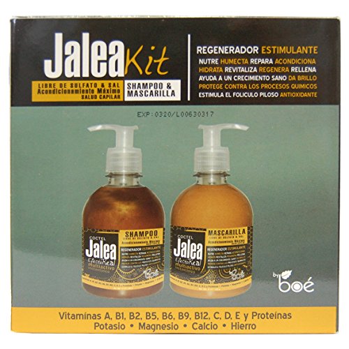 Coctel Jalea Efecto Real de Boe. Set de Champú sin sulfatos de 315ml y mascarilla sin sulfatos de 285g. Jalea real para el cabello, sin parabenos con seda hidrolizada, vitaminas y minerales