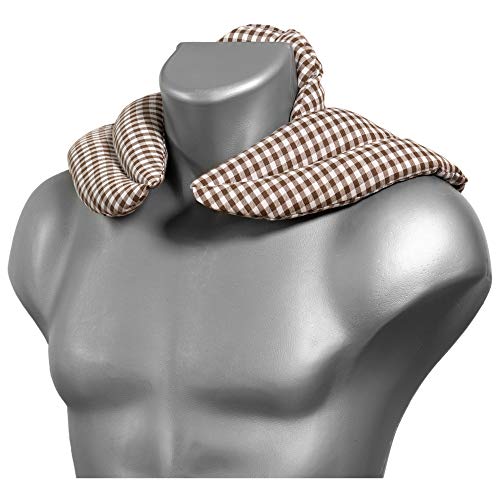 Cojín cervical térmico con cuello. moreno-blanco. Almohada térmica cervical con semillas de grosella. Saco caliente y frio con semillas. Cojín de nuca