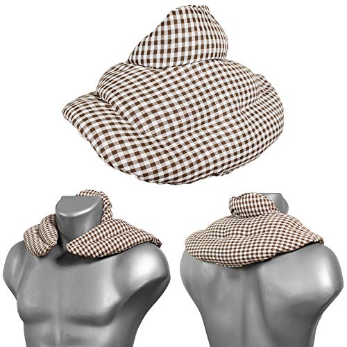 Cojín cervical térmico con cuello. moreno-blanco. Almohada térmica cervical con semillas de grosella. Saco caliente y frio con semillas. Cojín de nuca
