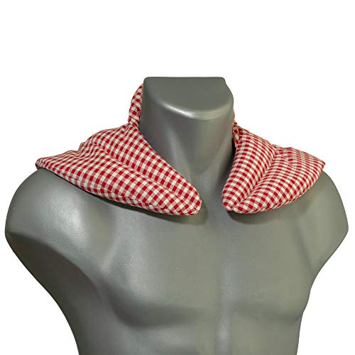 Cojín cervical térmico con cuello. rojo-blanco. Almohada térmica cervical con semillas de grosella. Saco caliente y frio con semillas. Cojín de nuca