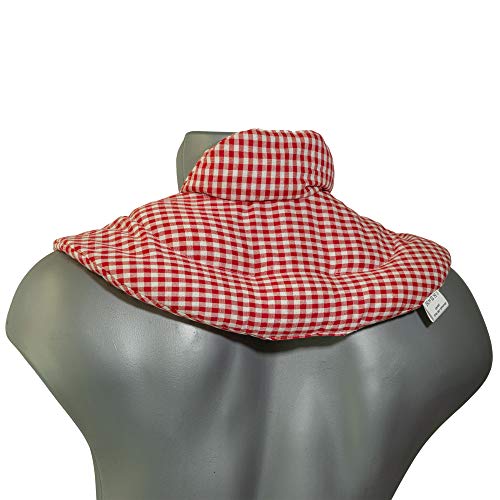 Cojín cervical térmico con cuello. rojo-blanco. Almohada térmica cervical con semillas de grosella. Saco caliente y frio con semillas. Cojín de nuca