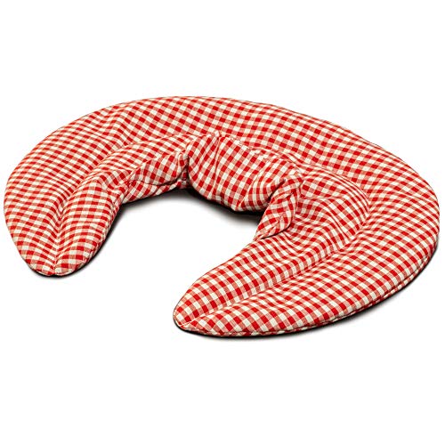 Cojín cervical térmico con cuello. rojo-blanco. Almohada térmica cervical con semillas de grosella. Saco caliente y frio con semillas. Cojín de nuca